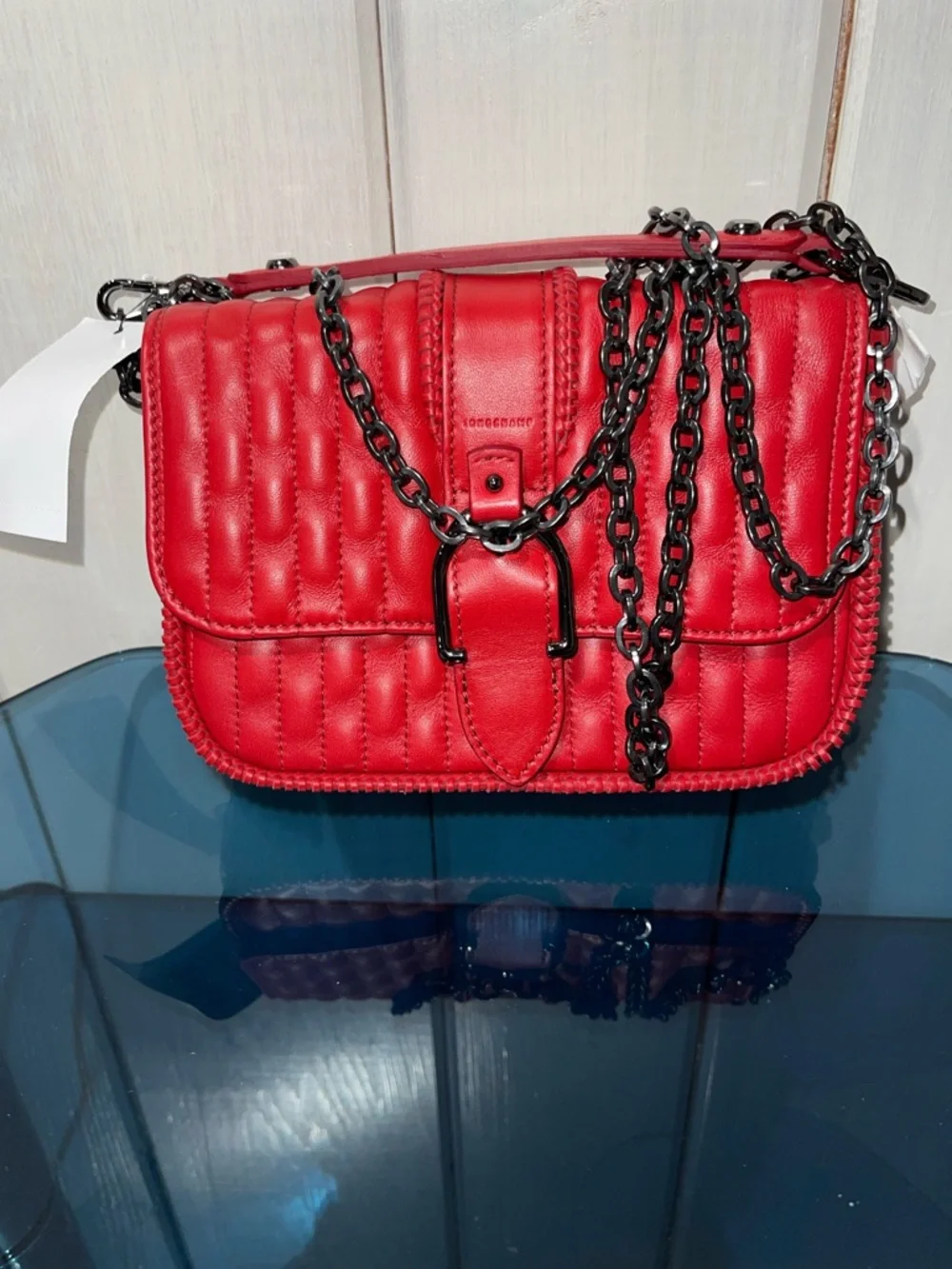 Longchamp Amazone Leather Quilted Chain Strap Shoulder Crossbody Bag in Red NWT - Picture 2 of 7